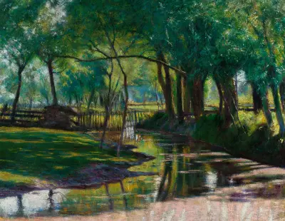 Green landscape with a stream av Władysław Podkowiński