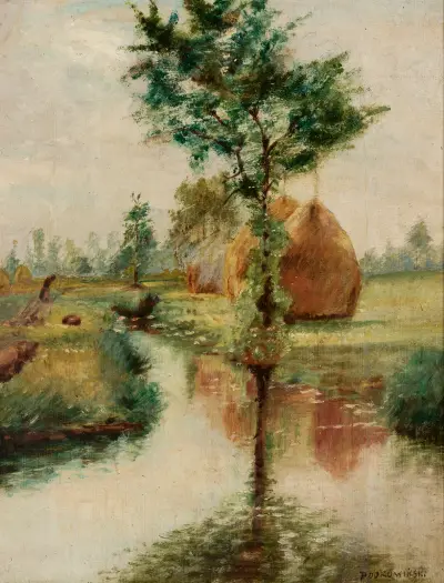 Haystacks at a stream av Władysław Podkowiński