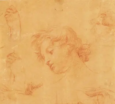 Tête de jeune garçon, études subsidiaires de mains et visage, Pompeo Batoni
