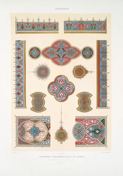 Arabeski; fragmenty ornamentyki z Koranu z grobowca sułtana al-Ghuriego (XVI wiek); 4, Émile Prisse d'Avennes