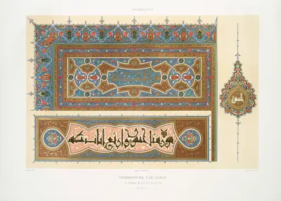 Arabeski; ornamentyka Koranu z grobowca sułtana al-Ghuriego (XVI wiek); 2, Émile Prisse d'Avennes