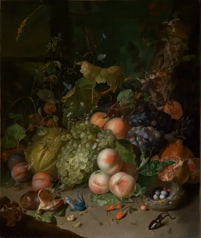 Fruchtstilleben mit Hirschkäfer und Nest von Rachel Ruysch