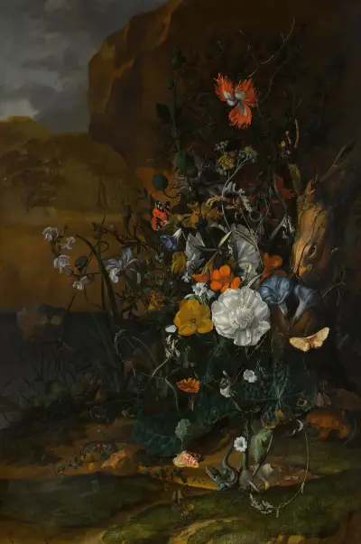 Still life of flowers, with butterflies, insects, a lizard and toads, beside a pool av Rachel Ruysch