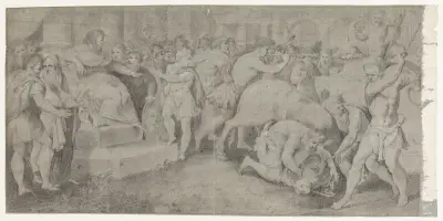 En hvid tyr ofres foran en hersker av Raphael