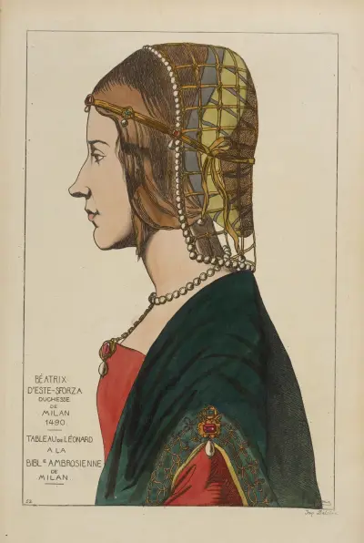 Béatrix D’Este-Sforza duchesse de Milan 1490. Tableau de Léonardo a la Bilbl[iothèque] Ambrosienne de Milan. av Raphaël Jacquemin