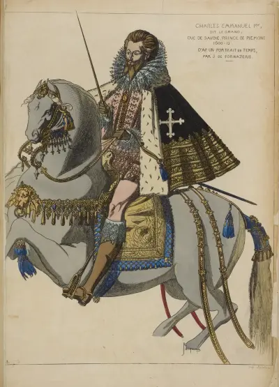 Charles Emmanuel 1er, dit le grand, duc de Savoie, prince de Piemont 1600-12. D’ap[res] un portrait du temps, par J. de Fornazeris. av Raphaël Jacquemin