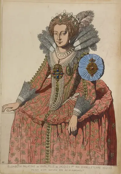 Elisabeth Palatine du Rhin, fille de Jacques 1er roi d’Angleterre. 1612-13. Peint d’ap[res] nature par Ml. Jn. Mirewelt. av Raphaël Jacquemin