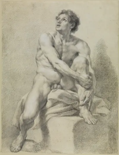 Sitzender männlicher Akt, etwa frontal, das linke Bein hochgestellt und mit beiden Händen gehalten, Anton Raphael Mengs