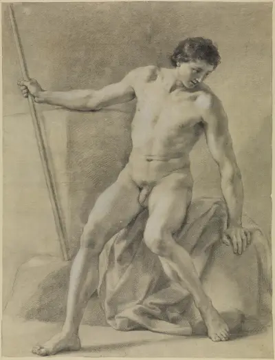 Sitzender männlicher Akt, fast frontal, Stab in der Rechten, niederblickend, Anton Raphael Mengs