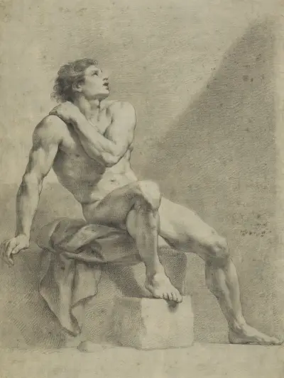 Sitzender männlicher Akt, schräg nach rechts, aufschauend, Anton Raphael Mengs