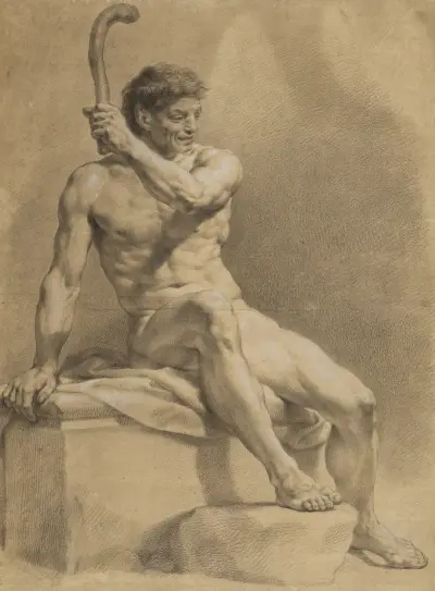 Sitzender männlicher Akt, schräg nach rechts, mit der Linken eine kleine Keule emporhaltend, Anton Raphael Mengs