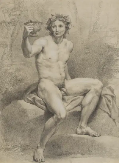 Sitzender männlicher Akt, schräg nach rechts, mit Weinlaubkranz und Trinkschale in der Rechten, Anton Raphael Mengs