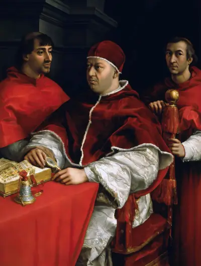 Portrait of Pope Leo X with Cardinals Giulio de’ Medici and Luigi de’ Rossi av Raphael