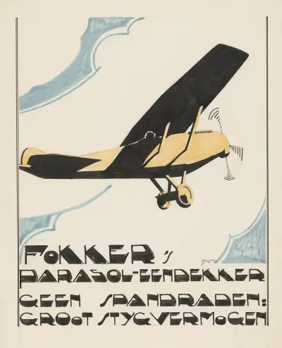 Entwurf für eine Werbung für „Fokkers Parasol-Eindecker“ von Reijer Stolk