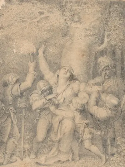 Königin Margarete von Anjou mit dem Prinzen, ihrem Sohn, von Räubern in einem Wald ihrer königlichen Gewänder beraubt von Richard Cosway