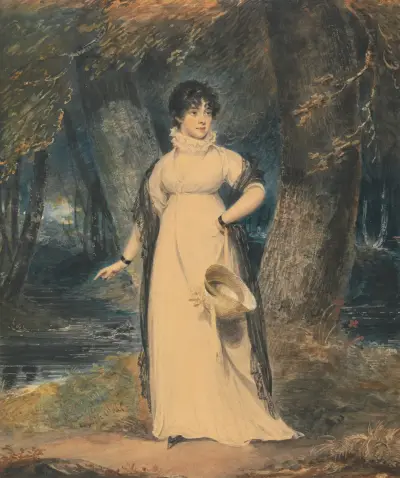 A Landscape with a Portrait of a Lady, Full Length, Holding a Hat av Richard Westall