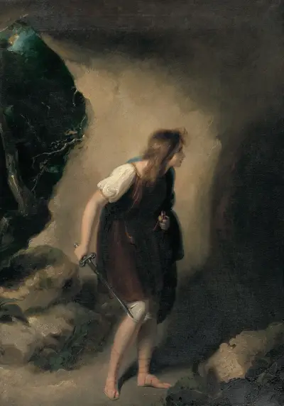 Imogen Entering the Cave of Belarius, (Cymbeline, Act III, Scene VI) av Richard Westall