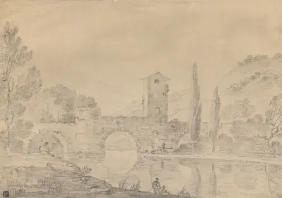 Italian Landscape with Three-Arched Bridge, Bridgehouse, Figures on near Bank, and Poplars on Farther Bank av Richard Wilson