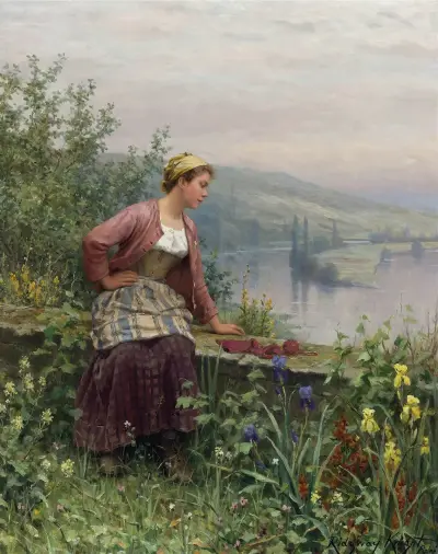Bretonisches Mädchen mit Blick auf einen Bach von Daniel Ridgway Knight