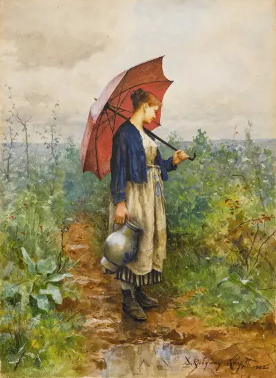 Porträt einer Frau mit Regenschirm, die Wasser holt von Daniel Ridgway Knight
