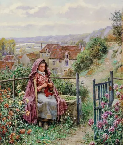 Junge Frau, an einem Gartentor strickend von Daniel Ridgway Knight