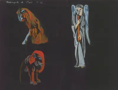 Le Triomphe de Paris – maquette de décor – Illuminations de statues parisiennes – trois statues diverses de la cathédrale Notre-dame de Paris von Robert Delaunay