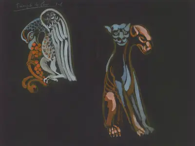 Le Triomphe de Paris – maquette de décor – Illuminations de statues parisiennes – deux statues diverses de la cathédrale Notre-dame de Paris von Robert Delaunay