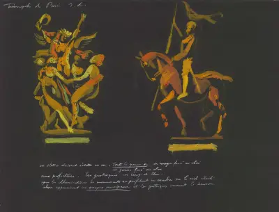 Le Triomphe de Paris – maquette de décor – Illuminations de statues parisiennes – la danse de Carpeaux, la statue équestre de Jeanne d’arc de Frémiet von Robert Delaunay