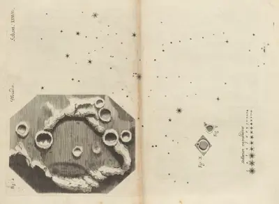 Telescopic view of moon and stars av Robert Hooke