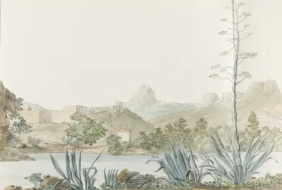 Gezicht op de rivier Platani en Agrigento in Palermo av Abraham-Louis-Rodolphe Ducros