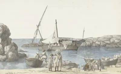 Gezicht op Tarente en haven van Luogo Vivo av Abraham-Louis-Rodolphe Ducros