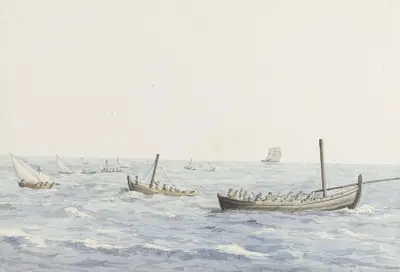 Koraalvissers voor de kust van Sicilië ter hoogte van Terra Nuova av Abraham-Louis-Rodolphe Ducros