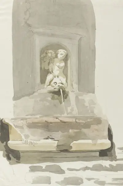 Oude sarcofaag als fontein in Messina av Abraham-Louis-Rodolphe Ducros