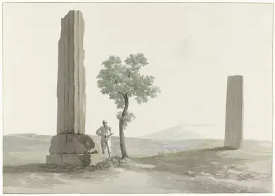 Twee fragmenten van zuilen van de tempel van Zeus Olympus op afstand van halve mijl van rivier Anapus av Abraham-Louis-Rodolphe Ducros