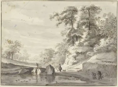 Am Rande eines Waldes führt ein Weg über einen Steg, auf dem Wasser Enten av Roelant Roghman