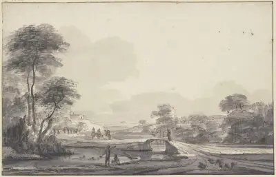 Landschaft mit Bach und Brücke, im Wasser Badende av Roelant Roghman