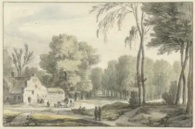 Landschap met een reiswagen voor een boerderij av Roelant Roghman