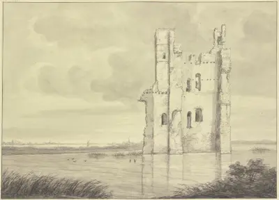 Turmruine im Wasser stehend (Huis te Merwede, Dordrecht) av Roelant Roghman