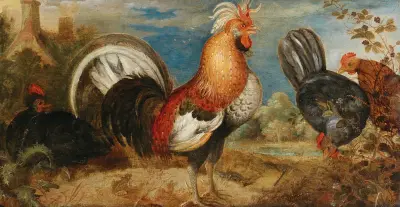 A rooster and chicken in a landscape av Roelant Savery