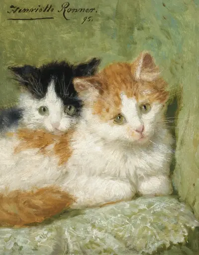 Two Kittens Sitting On A Cushion av Henriëtte Ronner-Knip