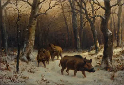 Wild Boars in the Snow av Rosa Bonheur