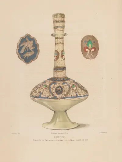 Bouteille de fabrication orientale, verre blanc emaillé et doré av Joseph Rose Lemercier