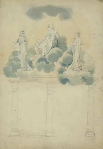 Allegorical scene of female figures in clouds atop columns av John Rubens Smith