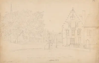 Redakce novin Argus na State Street v Albany s okolními domy a kostely, John Rubens Smith