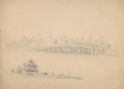 Most s dřevěnou konstrukcí, domy a mlýnem na druhé straně vody, možná spojený s Ipswichem v Massachusetts, John Rubens Smith