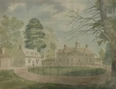 Mount Vernon s hospodářskými budovami pohledem z druhé strany příjezdové cesty, John Rubens Smith