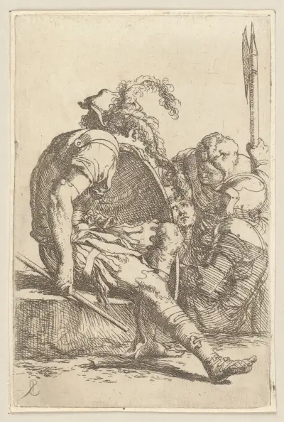 Vier Soldaten, einer auf einem Stein sitzend, links von Salvator Rosa