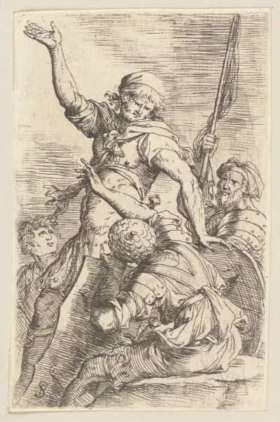 Vier Soldaten, einer mit einer Flagge von Salvator Rosa