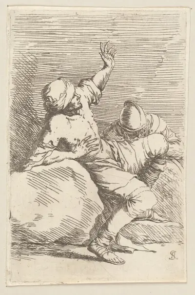 Mann, nach oben zeigend, und ruhender Soldat von Salvator Rosa