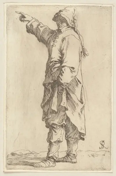 Stehender Mann mit erhobenem Arm, nach links zeigend von Salvator Rosa